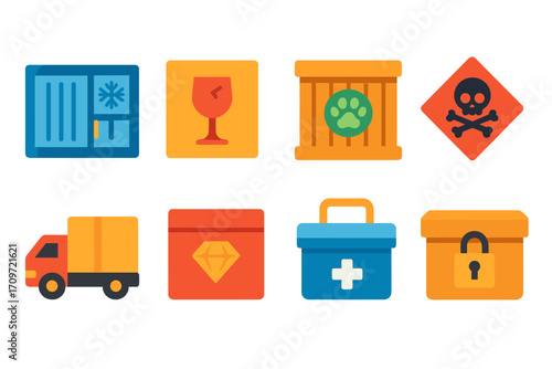 Shipping safety flat icons set. featuring fragile, flammable, lock, box, medicine, animal, and warning symbols