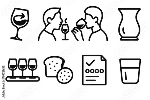 Wine tasting silhouette icon set. featuring swirling glass, tasting, sniffing, decanter, wine flight, bread, checklist, water.