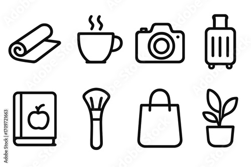 Lifestyle linear icons set. featuring yoga mat, coffee cup, camera, suitcase, notebook, makeup brush, shopping bag, plant