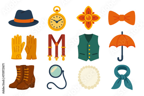 Fashion accessories flat icon set. featuring hat, watch, floral, bowtie, gloves, vest, umbrella, boots, monocle, and scarf.