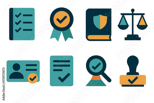 Business and legal flat icon set. featuring checklist, badge, book, scales, id, document, search, and stamp