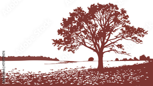 Rustic monochrome illustration of a solitary tree by a tranquil lake with distant forest and scattered leaves, evoking a peaceful natural landscape.