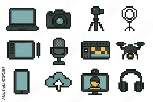 Media equipment pixel icon set. featuring laptop, camera, ring light, microphone, drone, headset, and tablet.