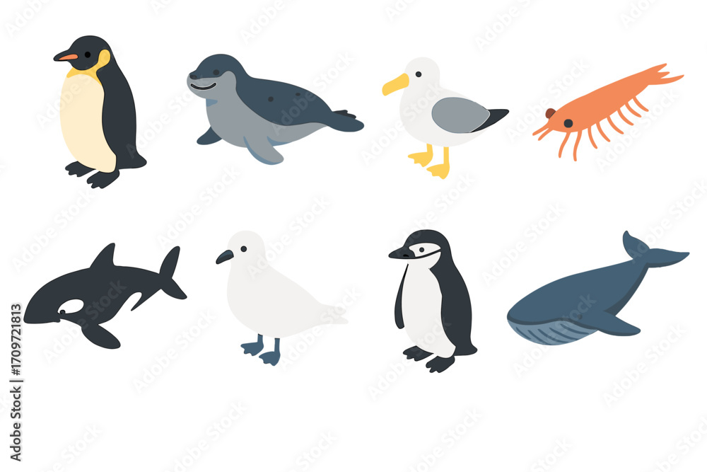 Naklejka premium Antarctic wildlife silhouette icons set. featuring penguin, seal, seagull, krill, whale, and albatross symbols