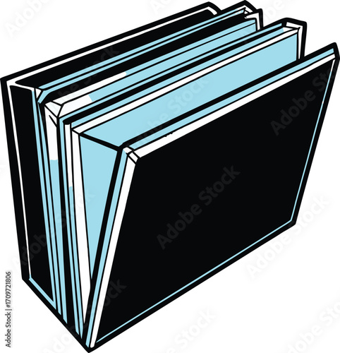 Stack of light blue and white binders on black background