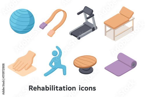 Rehabilitation equipment flat icon set. featuring exercise ball, resistance band, treadmill, and massage table