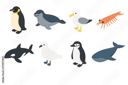 Antarctic wildlife silhouette icons set. featuring penguin, seal, seagull, krill, whale, and albatross symbols