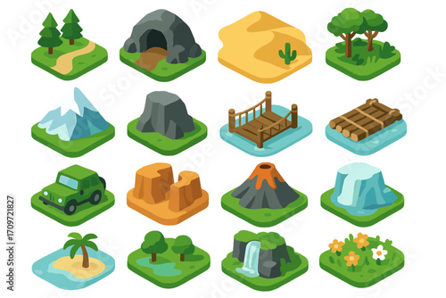 Nature adventure flat icon set. featuring desert, cave, forest, mountain, bridge, raft, and volcano icons