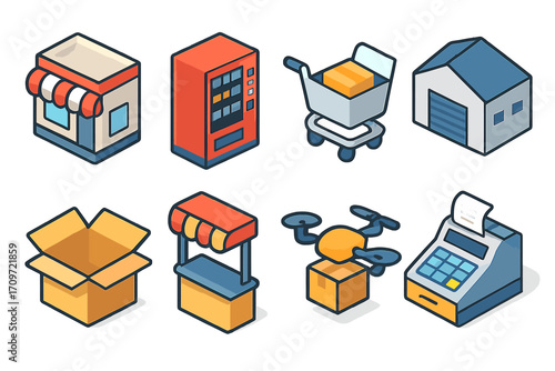 E-commerce isometric icon set. featuring shop, vending machine, cart, warehouse, box, stall, drone, cash register