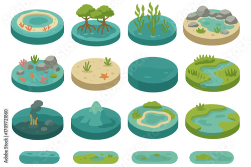 Nature elements flat icon set. featuring river, lake, coral reef, volcano, island, and swamp symbols