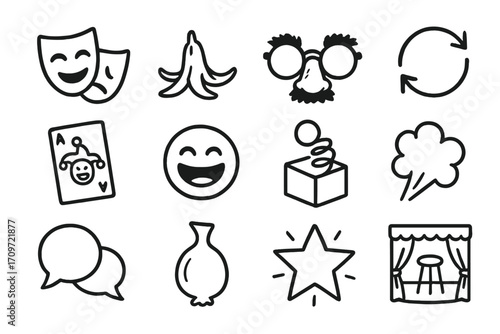 Entertainment and humor linear icon set. featuring comedy, joke, glasses, cycle, surprise, star, and stage symbols