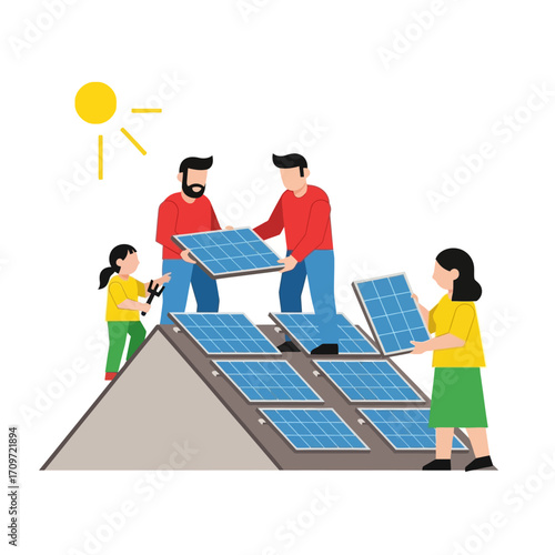 People installing solar panels on a house roof, a collaborative effort.