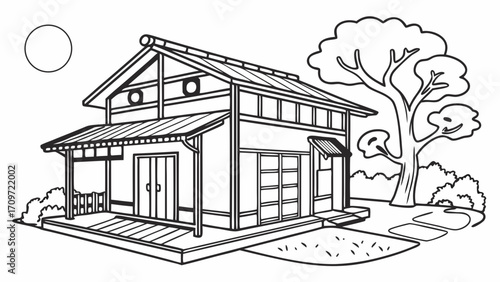 Traditional Japanese House with Garden and Tree Line Art for Coloring Book; Serene Asian Architecture Drawing with Nature Elements
