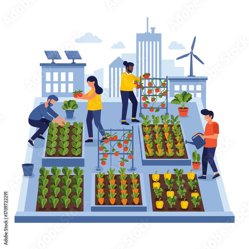 Diverse community tending to a rooftop garden in a sustainable city with renewable energy sources.