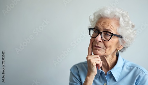 Elderly woman with glasses ponders solution. Mature female expression shows curiosity, thought process. Cognition, wisdom, contemplation evident in thoughtful gesture, serious look. Appears to