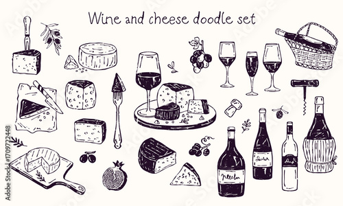 Textured hand-drawn doodle vector set featuring wine bottles, glasses, cheese, grapes, and olives. Perfect for restaurant menu design, posters, invitations, packaging, and decor