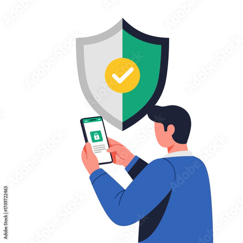 Man using mobile phone with security shield.
