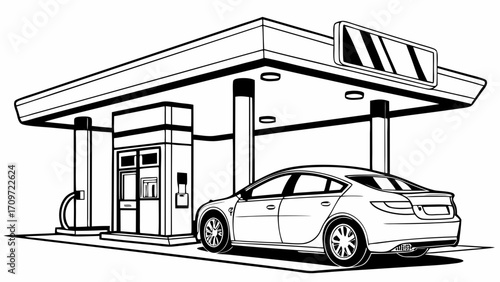 Monochromatic Line Art Illustration of a Modern Sedan Car at a Gas Station Pump, Depicting Fueling and Roadside Service