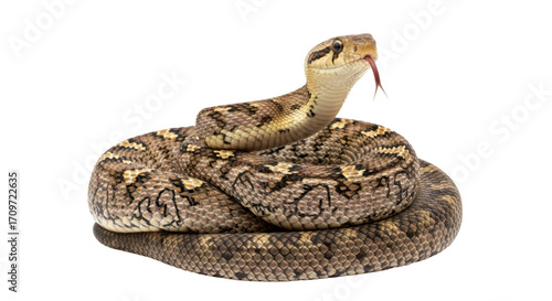 Isolated adult gopher snake, Pituophis catenifer, coiling its body and sticking out tongue