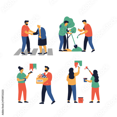 Four scenes depicting acts of community service and volunteerism, including helping an elderly person, planting a tree, donating goods, and painting.