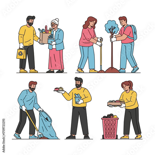 People volunteering and helping others in various ways.