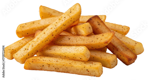 Isolated pile of appetizing seasoned french fries, golden brown fried potato strips snack