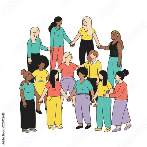 A diverse group of women holding hands, symbolizing unity, sisterhood, and female empowerment.