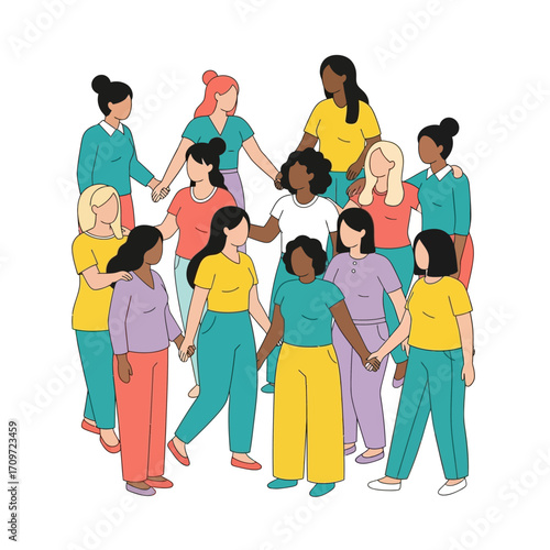 A diverse group of women holding hands in a circle, symbolizing unity, strength, and community.