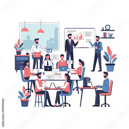 Illustration of a business meeting with people working on laptops and discussing charts.