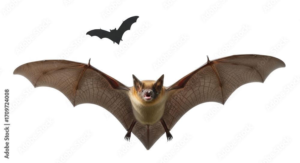 Obraz premium Isolated Bat flying with another bat flying above, a nocturnal mammal with spread wings