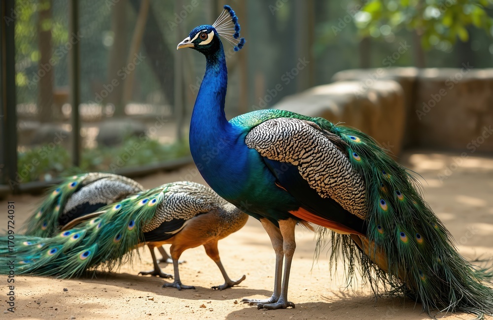 Obraz premium Majestic peacock displays its vibrant, colorful tail feathers in zoo enclosure. Its brilliant blue and green plumage stands out against sandy ground. Another peacock is visible in background.