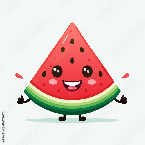 Adorable and cheerful watermelon slice character mascot smiling happily. A cute kawaii fruit vector illustration perfect for summer and healthy eating concepts