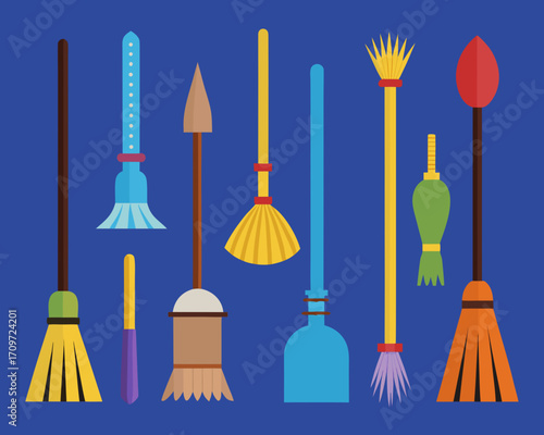 Collection of colorful cartoon brooms and cleaning tools on a blue background