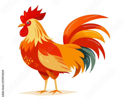 Colorful rooster illustration standing proudly on a white background