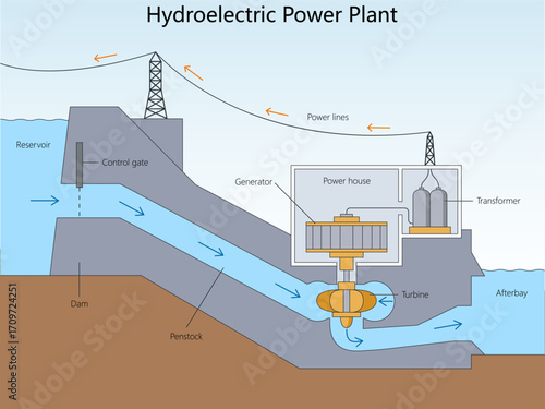 hydroelectric power plant showing reservoir, dam, penstock, turbine, generator, transformer, power lines, and electricity flow diagram hand drawn schematic vector. Science educational illustration