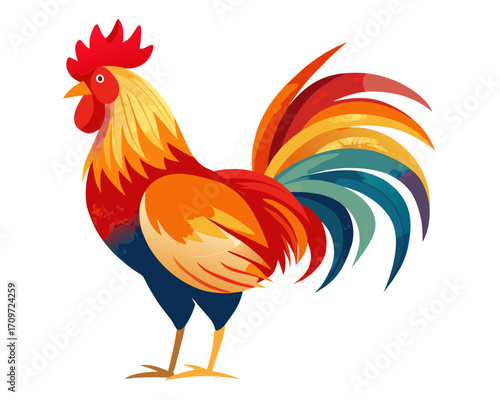 Vibrant rooster with colorful tail feathers standing proudly