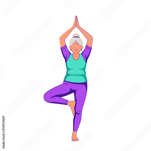 An elderly woman with gray hair is practicing yoga, balancing on one leg with hands together above her head.