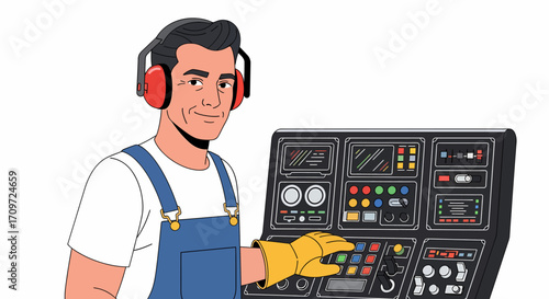 A man in overalls and earmuffs operates a complex control panel with various buttons and gauges.