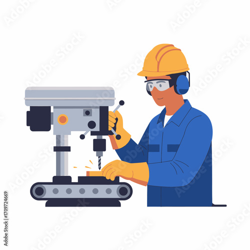 Worker operating a drill press with safety gear, creating sparks during metalworking in a workshop.