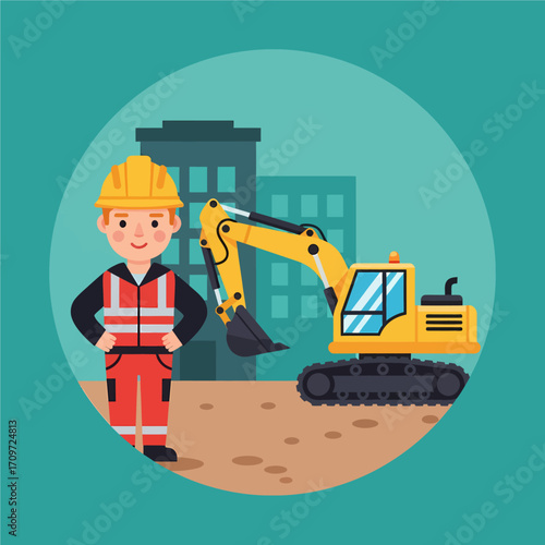 Cartoon illustration of a smiling construction worker in a hard hat and safety vest standing next to a yellow excavator on a building site.