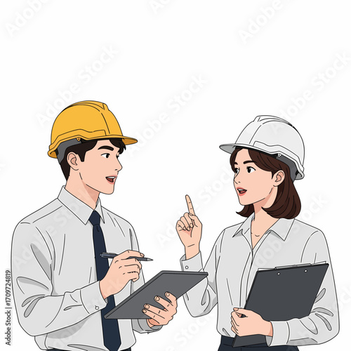 Two construction workers in hard hats discussing a project while holding clipboards and pens.