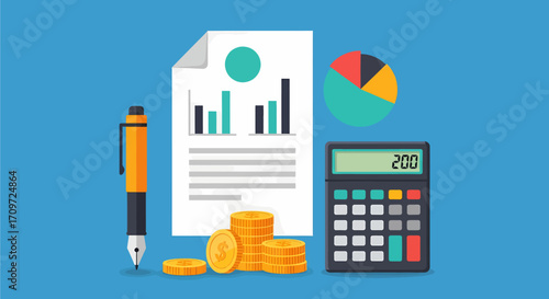 Financial accounting concept with a report, calculator, coins, and charts on a blue background.