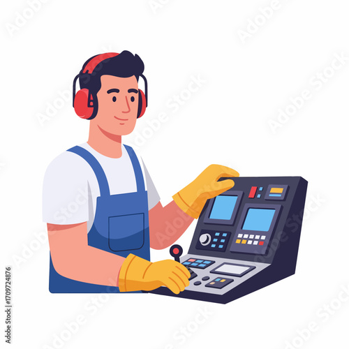A man in safety gear, including earmuffs and gloves, operating an industrial control panel with a joystick and buttons.