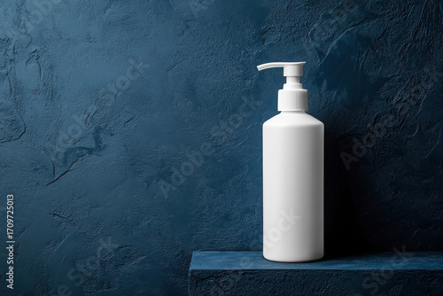 Mockup of cosmetic makeup bottle with lotion pump on textured blue background. Skin care healthcare concept for branding and packaging design.