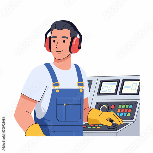 Illustration of a factory worker wearing protective gear operating machinery.