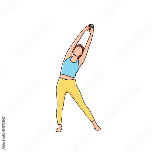 Woman in activewear performing a side stretch exercise, promoting flexibility and wellness.