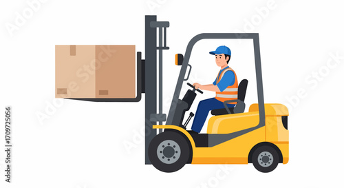 A forklift operator transports a cardboard box.