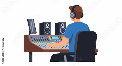Rear view of a male audio engineer wearing headphones working at a professional sound mixing console.