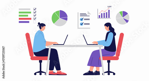 Two individuals analyzing business data and reports using laptops in a collaborative work environment with various charts and documents.