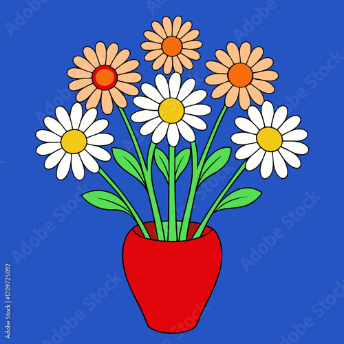 Colorful daisy flowers in a red vase on a blue background